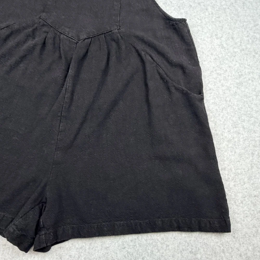 Anrabess Womens Large Black Linen Blend Short Overalls Adjustable Romper Pockets